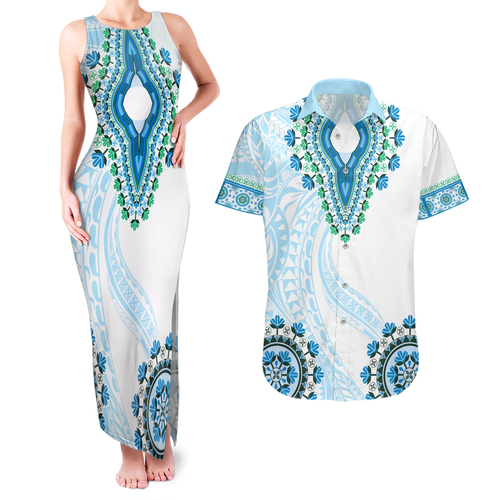 Africa Dashiki Couples Matching Tank Maxi Dress and Hawaiian Shirt With Polynesian Pattern Blue Version LT05 Blue - Polynesian Pride