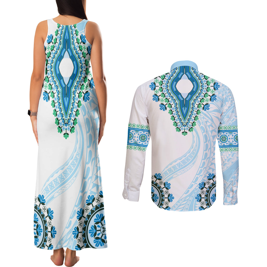 Africa Dashiki Couples Matching Tank Maxi Dress and Long Sleeve Button Shirt With Polynesian Pattern Blue Version LT05 - Polynesian Pride