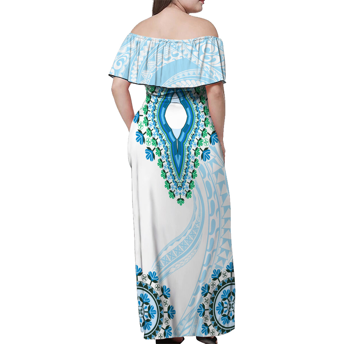 Africa Dashiki Family Matching Off Shoulder Maxi Dress and Hawaiian Shirt With Polynesian Pattern Blue Version LT05 - Polynesian Pride