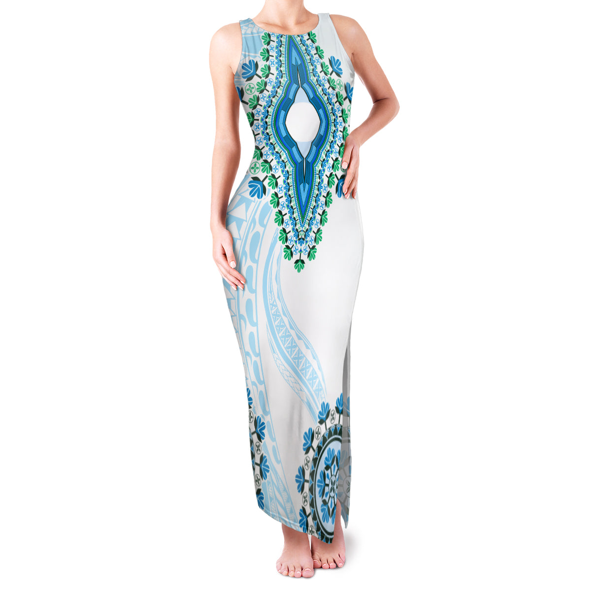 Africa Dashiki Family Matching Tank Maxi Dress and Hawaiian Shirt With Polynesian Pattern Blue Version LT05 Mom's Dress Blue - Polynesian Pride