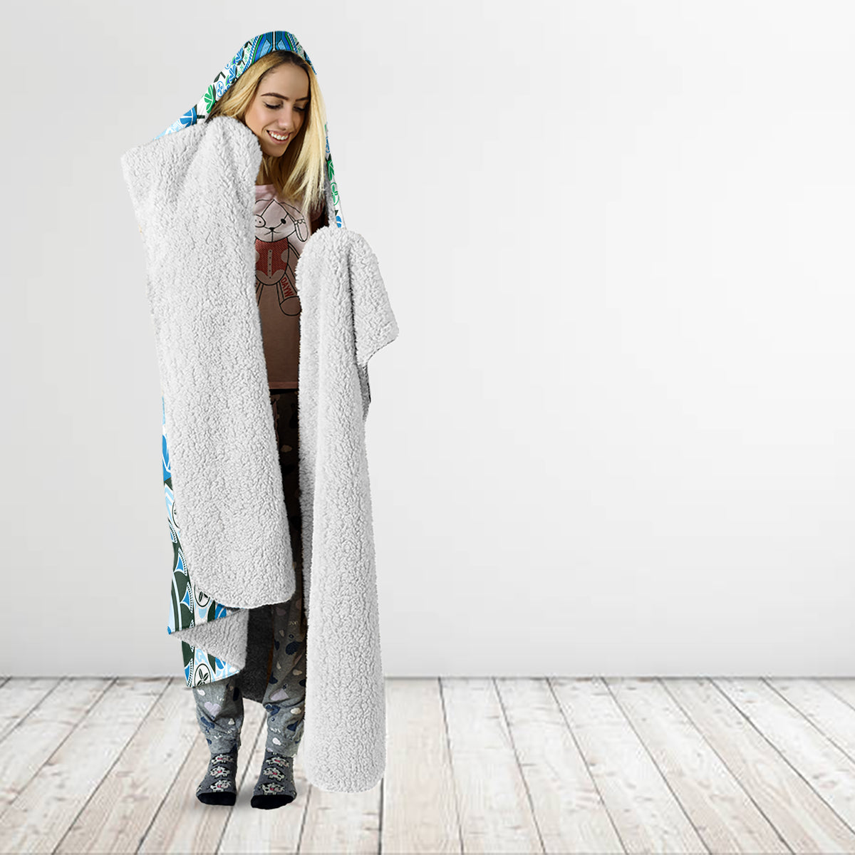Africa Dashiki Hooded Blanket With Polynesian Pattern Blue Version