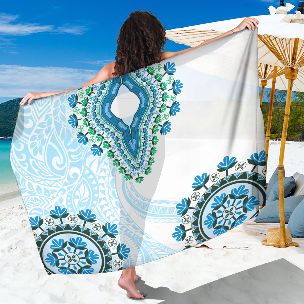 Africa Dashiki Sarong With Polynesian Pattern Blue Version