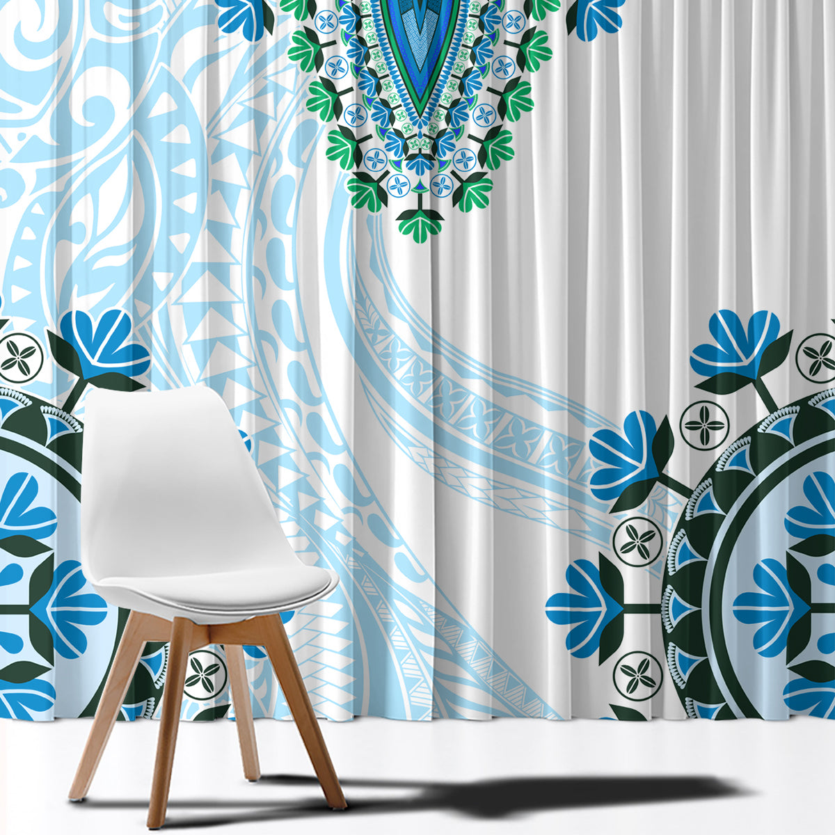 Africa Dashiki Window Curtain With Polynesian Pattern Blue Version