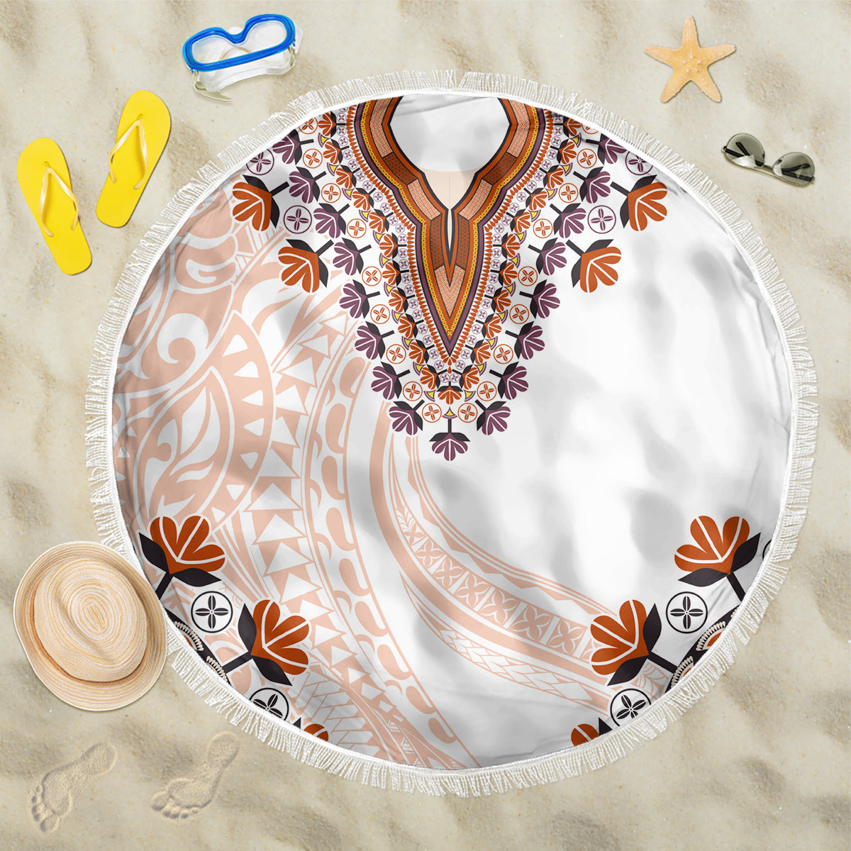 Africa Dashiki Beach Blanket With Polynesian Pattern Beige Version LT05 One Size 150cm Beige - Polynesian Pride