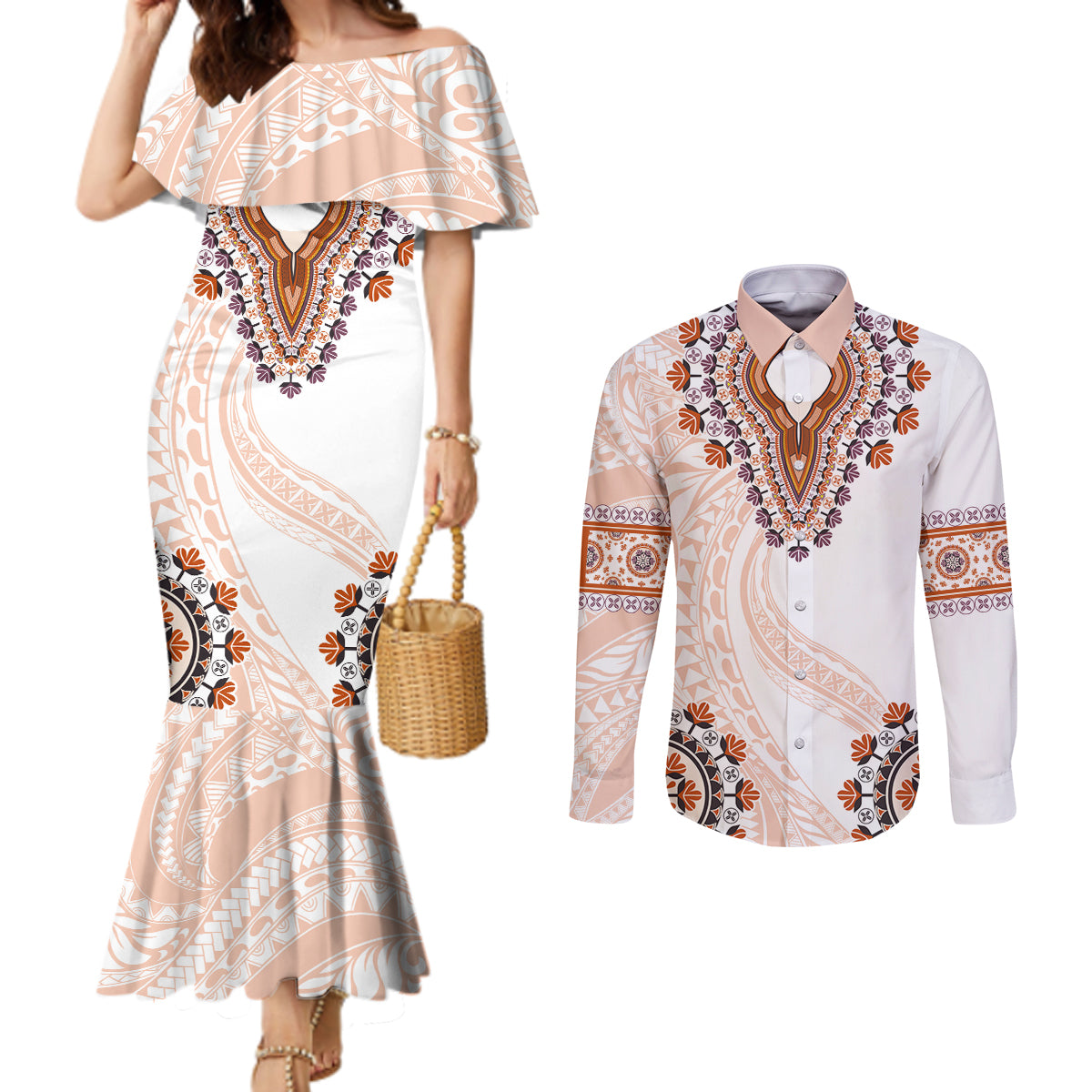 Africa Dashiki Couples Matching Mermaid Dress and Long Sleeve Button Shirt With Polynesian Pattern Beige Version LT05 Beige - Polynesian Pride
