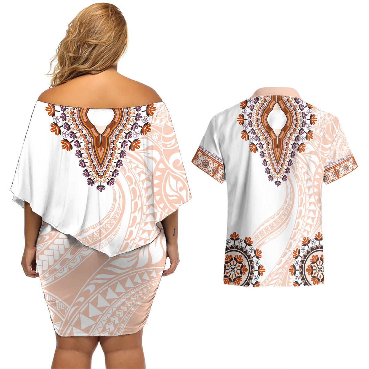 Africa Dashiki Couples Matching Off Shoulder Short Dress and Hawaiian Shirt With Polynesian Pattern Beige Version LT05 - Polynesian Pride