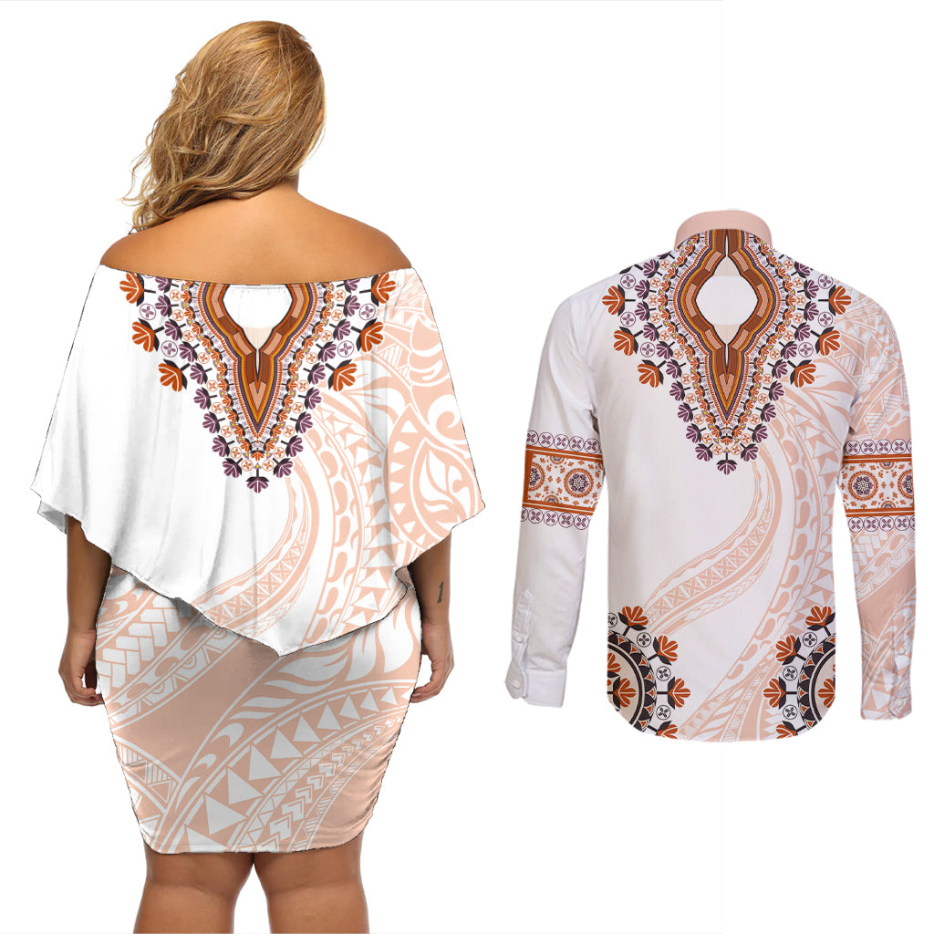 Africa Dashiki Couples Matching Off Shoulder Short Dress and Long Sleeve Button Shirt With Polynesian Pattern Beige Version LT05 - Polynesian Pride