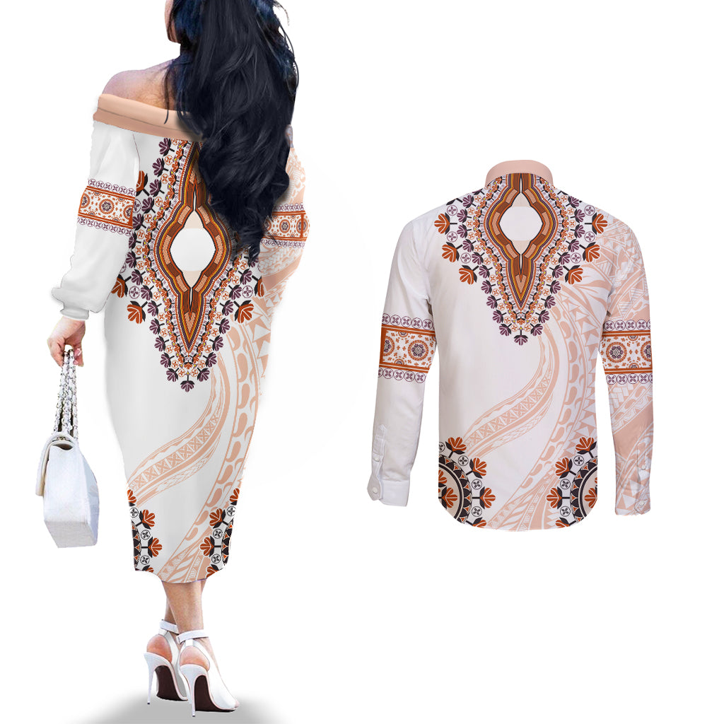Africa Dashiki Couples Matching Off The Shoulder Long Sleeve Dress and Long Sleeve Button Shirt With Polynesian Pattern Beige Version LT05 - Polynesian Pride