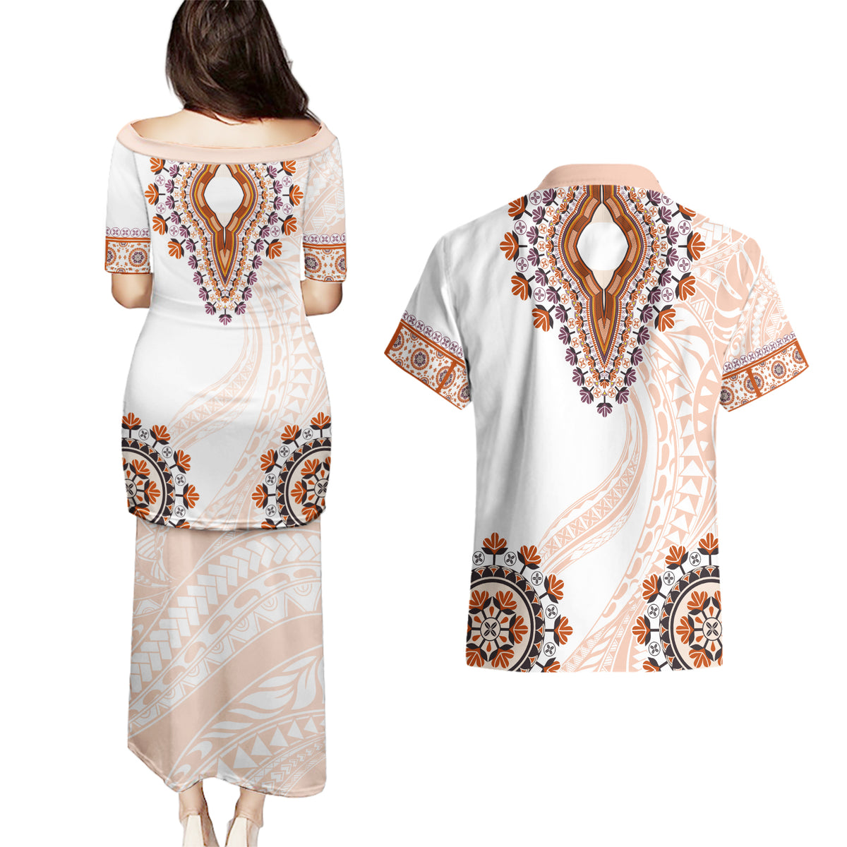 Africa Dashiki Couples Matching Puletasi and Hawaiian Shirt With Polynesian Pattern Beige Version LT05 - Polynesian Pride