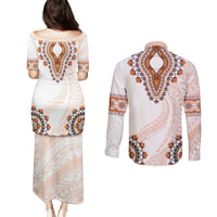 Africa Dashiki Couples Matching Puletasi and Long Sleeve Button Shirt With Polynesian Pattern Beige Version LT05 - Polynesian Pride