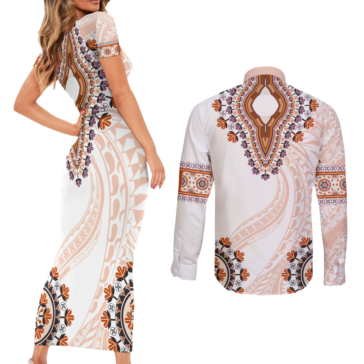 Africa Dashiki Couples Matching Short Sleeve Bodycon Dress and Long Sleeve Button Shirt With Polynesian Pattern Beige Version LT05 - Polynesian Pride