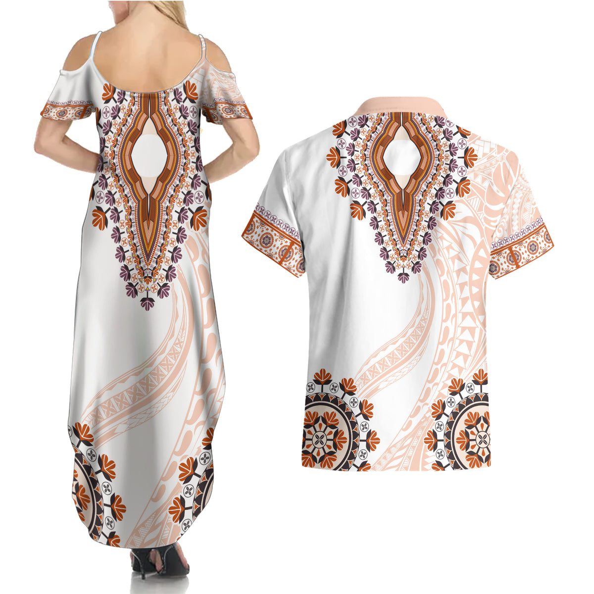 Africa Dashiki Couples Matching Summer Maxi Dress and Hawaiian Shirt With Polynesian Pattern Beige Version LT05 - Polynesian Pride