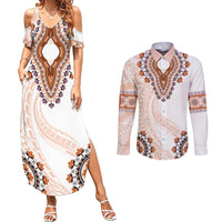 Africa Dashiki Couples Matching Summer Maxi Dress and Long Sleeve Button Shirt With Polynesian Pattern Beige Version LT05 Beige - Polynesian Pride