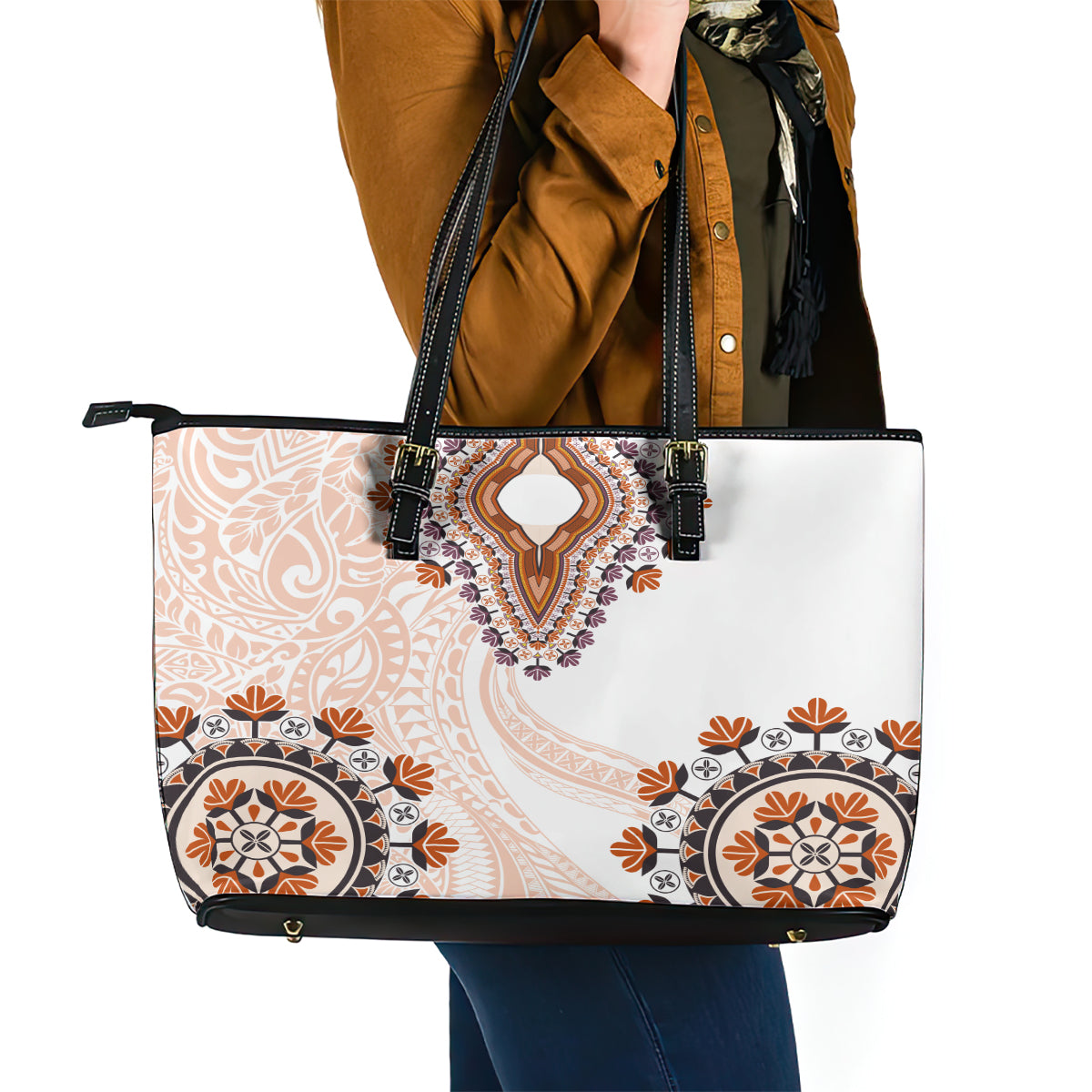 Africa Dashiki Leather Tote Bag With Polynesian Pattern Beige Version LT05 - Polynesian Pride