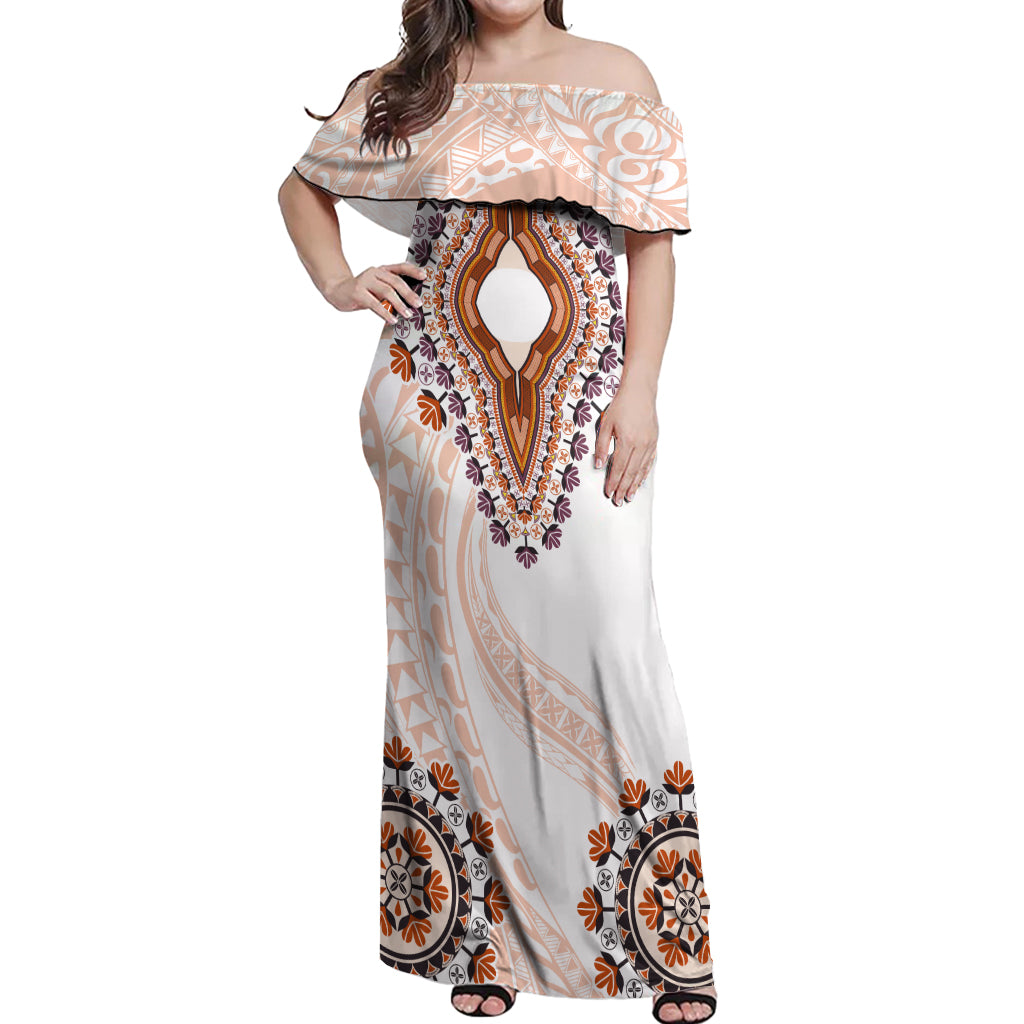 Africa Dashiki Off Shoulder Maxi Dress With Polynesian Pattern Beige Version LT05 Women Beige - Polynesian Pride