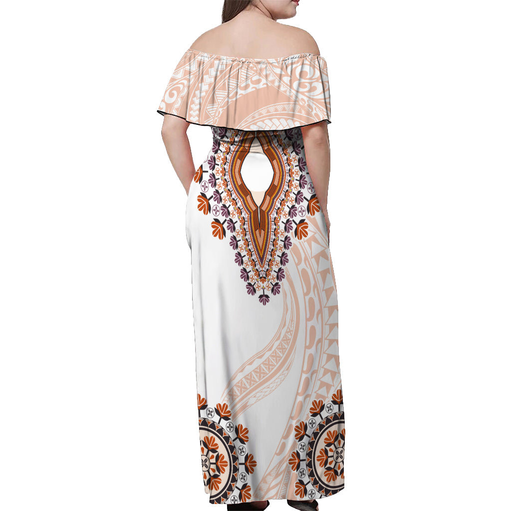 Africa Dashiki Off Shoulder Maxi Dress With Polynesian Pattern Beige Version LT05 - Polynesian Pride