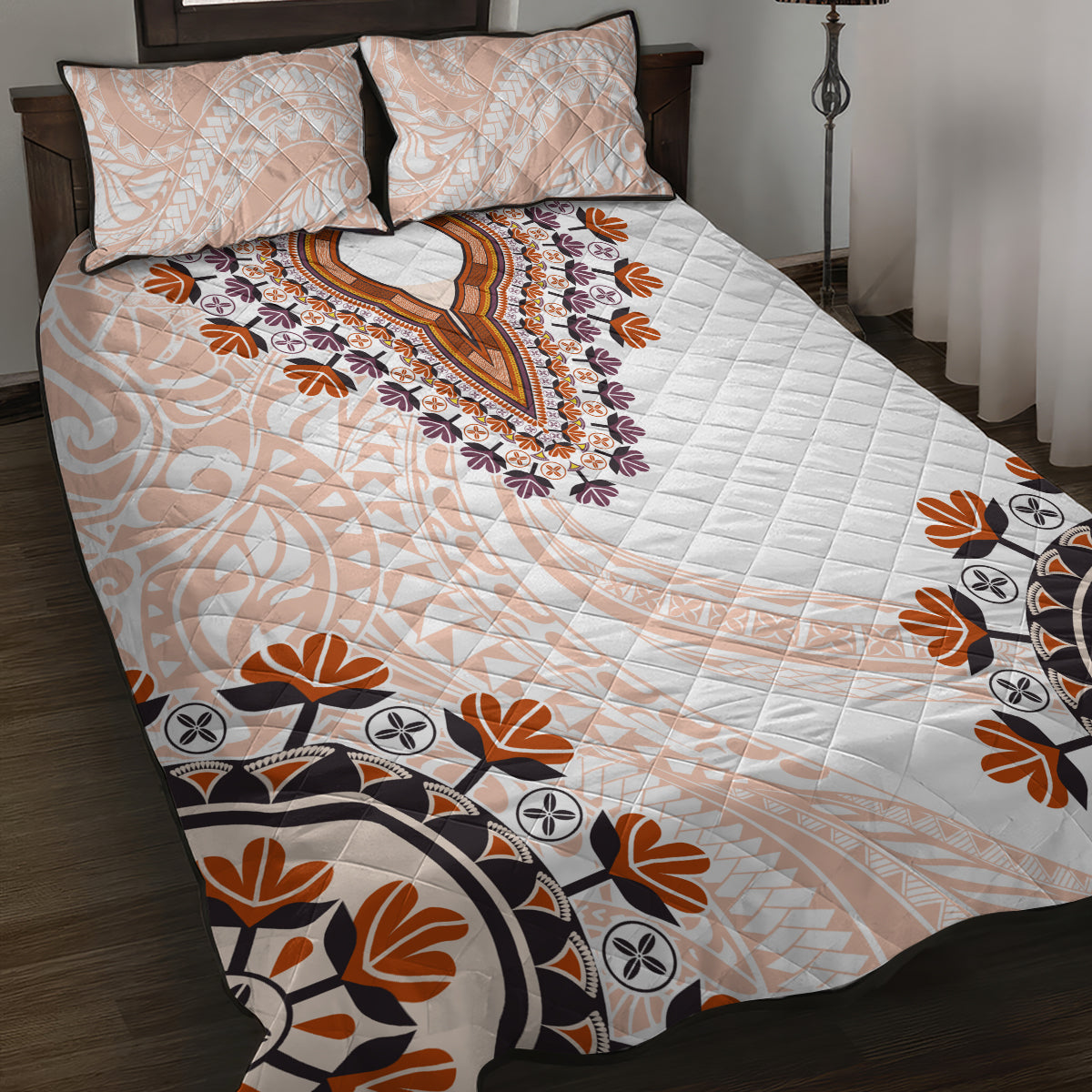 Africa Dashiki Quilt Bed Set With Polynesian Pattern Beige Version