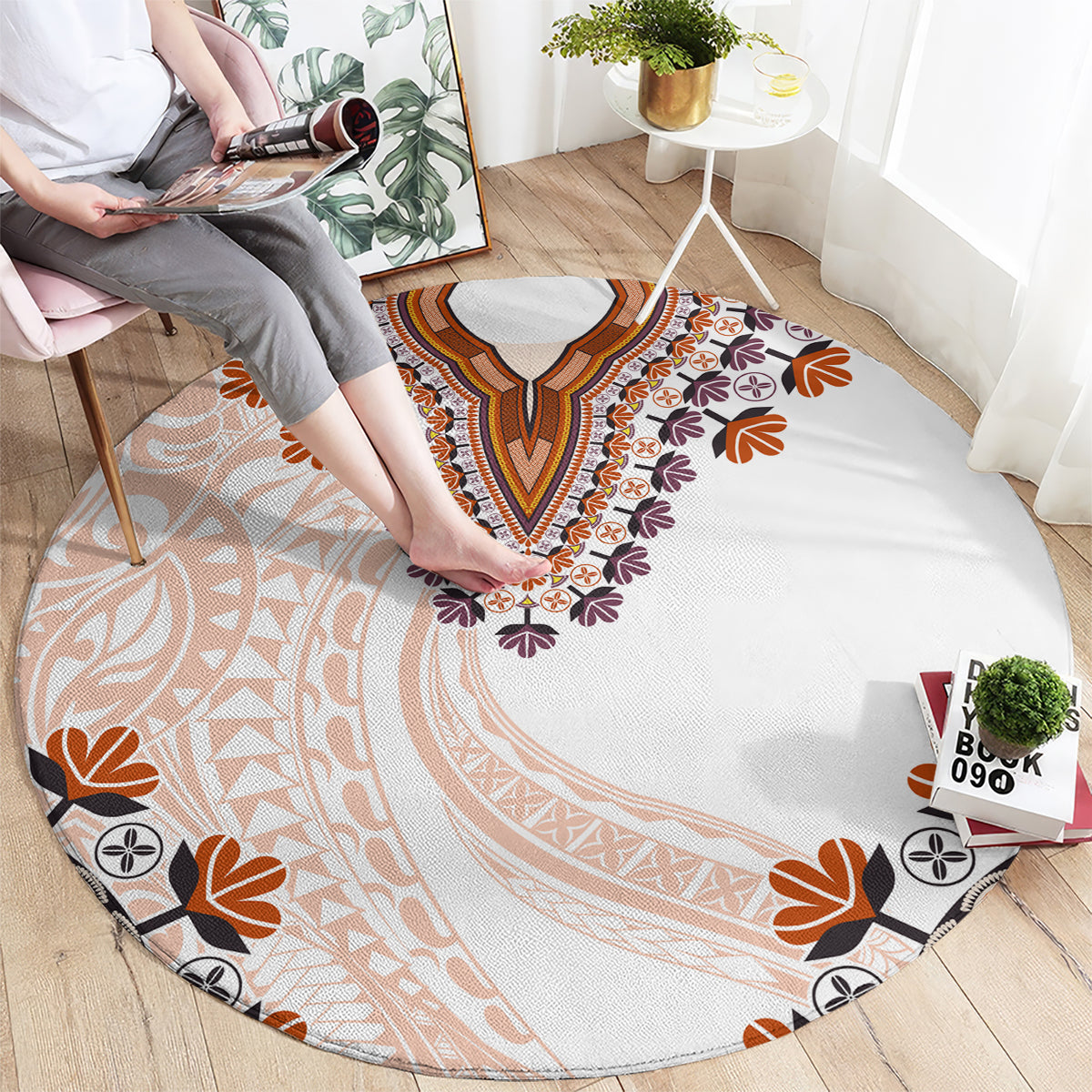 Africa Dashiki Round Carpet With Polynesian Pattern Beige Version LT05 - Polynesian Pride