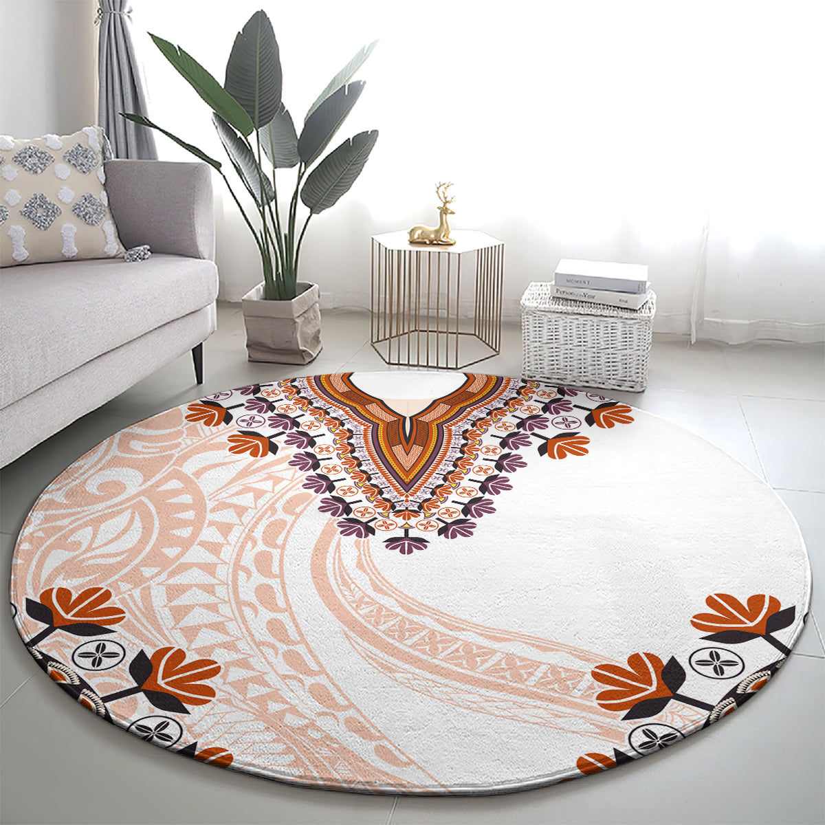 Africa Dashiki Round Carpet With Polynesian Pattern Beige Version LT05 - Polynesian Pride