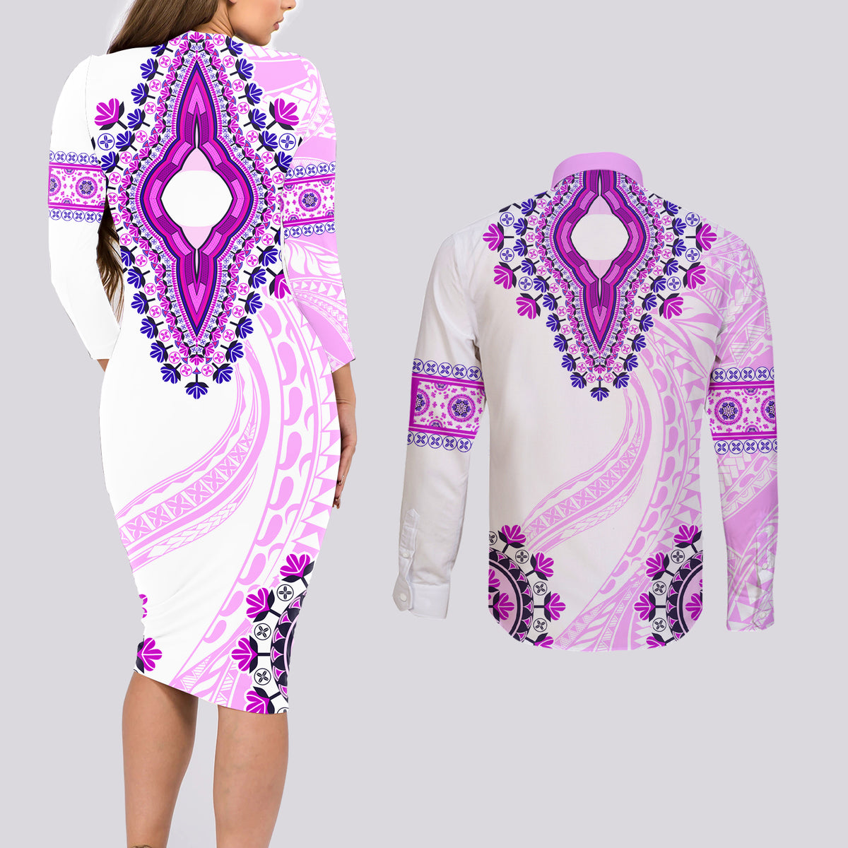 Africa Dashiki Couples Matching Long Sleeve Bodycon Dress and Long Sleeve Button Shirt With Polynesian Pattern Pink Version LT05 - Polynesian Pride
