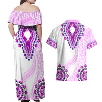 Africa Dashiki Couples Matching Off Shoulder Maxi Dress and Hawaiian Shirt With Polynesian Pattern Pink Version LT05 - Polynesian Pride