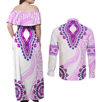 Africa Dashiki Couples Matching Off Shoulder Maxi Dress and Long Sleeve Button Shirt With Polynesian Pattern Pink Version LT05 - Polynesian Pride