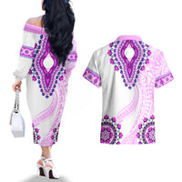 Africa Dashiki Couples Matching Off The Shoulder Long Sleeve Dress and Hawaiian Shirt With Polynesian Pattern Pink Version LT05 - Polynesian Pride