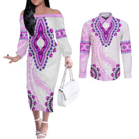 Africa Dashiki Couples Matching Off The Shoulder Long Sleeve Dress and Long Sleeve Button Shirt With Polynesian Pattern Pink Version LT05 Pink - Polynesian Pride
