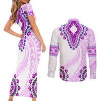 Africa Dashiki Couples Matching Short Sleeve Bodycon Dress and Long Sleeve Button Shirt With Polynesian Pattern Pink Version LT05 - Polynesian Pride