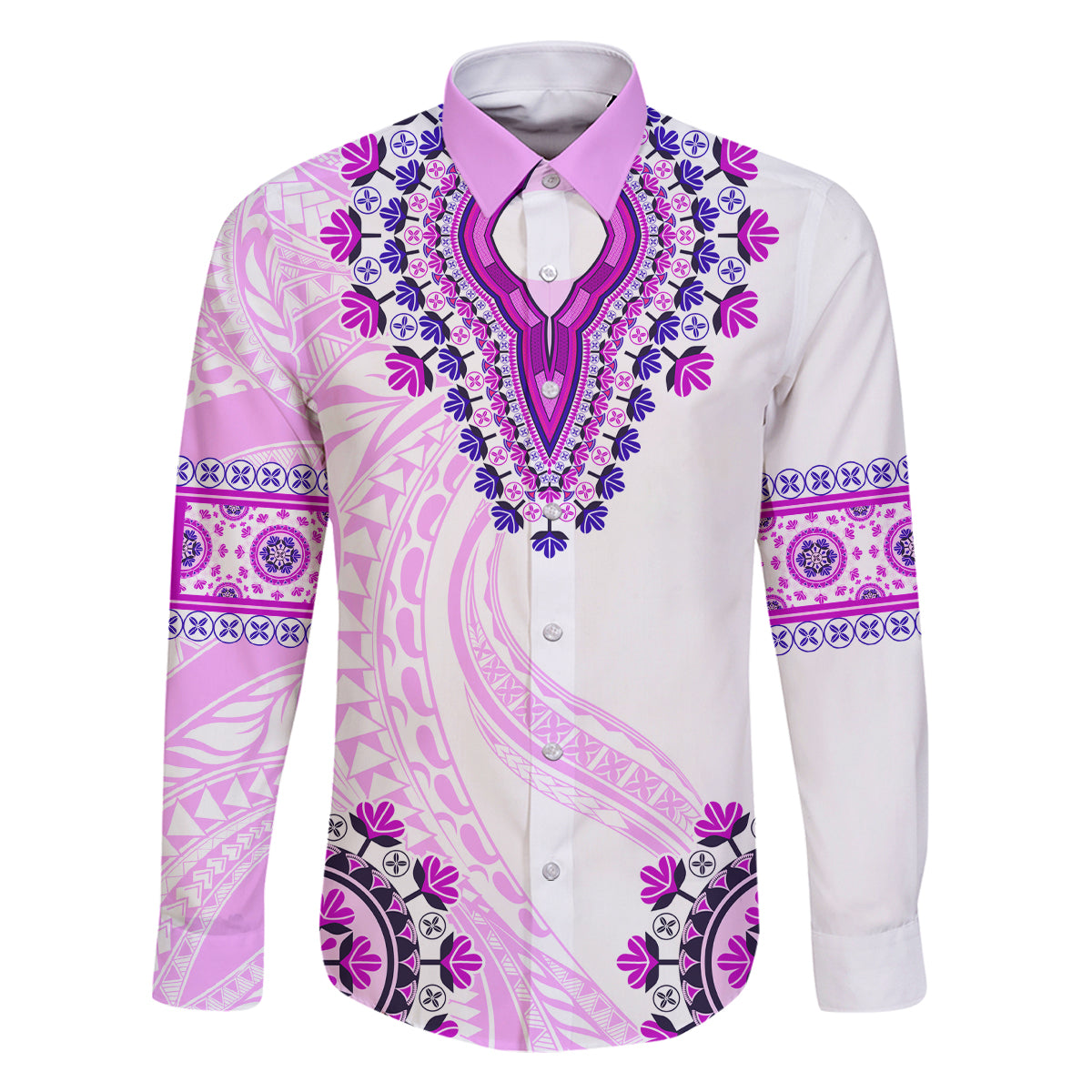 Africa Dashiki Family Matching Off Shoulder Short Dress and Hawaiian Shirt With Polynesian Pattern Pink Version LT05 Dad's Shirt - Long Sleeve Pink - Polynesian Pride