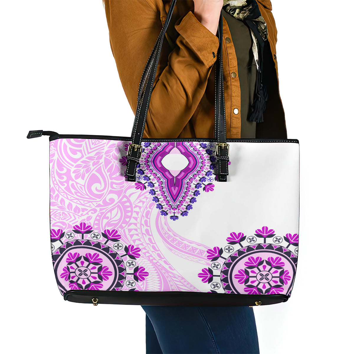 Africa Dashiki Leather Tote Bag With Polynesian Pattern Pink Version