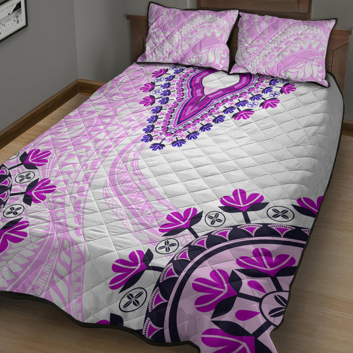 Africa Dashiki Quilt Bed Set With Polynesian Pattern Pink Version
