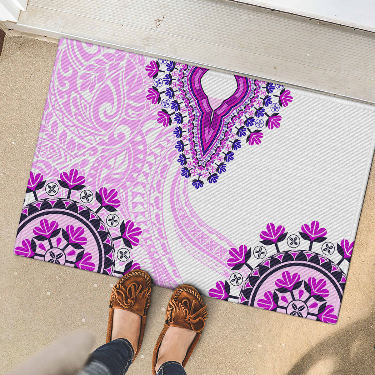 Africa Dashiki Rubber Doormat With Polynesian Pattern Pink Version