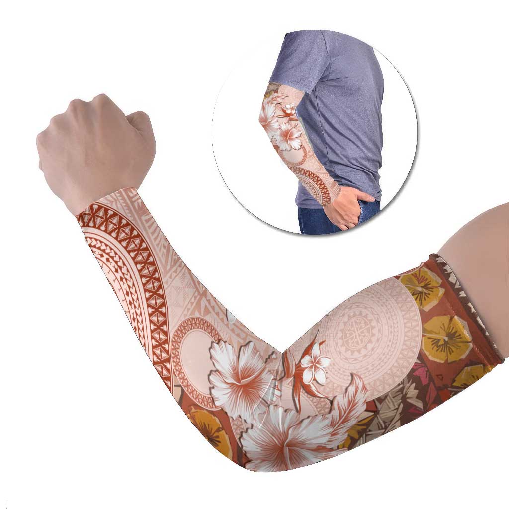 Tonga Ngatu Pattern With Light Tabasco Hibiscus Arm Sleeves Oil Painting Style - Polynesian Pride