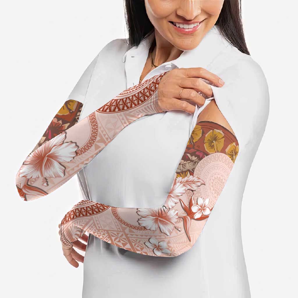 Tonga Ngatu Pattern With Light Tabasco Hibiscus Arm Sleeves Oil Painting Style - Polynesian Pride