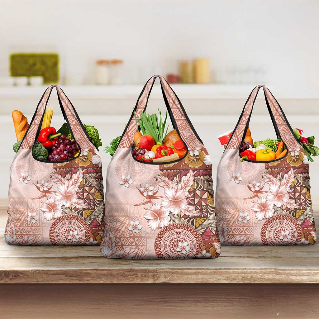 Tonga Ngatu Pattern With Light Tabasco Hibiscus Grocery Bag Oil Painting Style