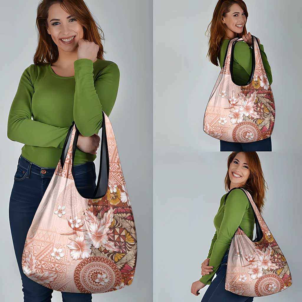 Tonga Ngatu Pattern With Light Tabasco Hibiscus Grocery Bag Oil Painting Style