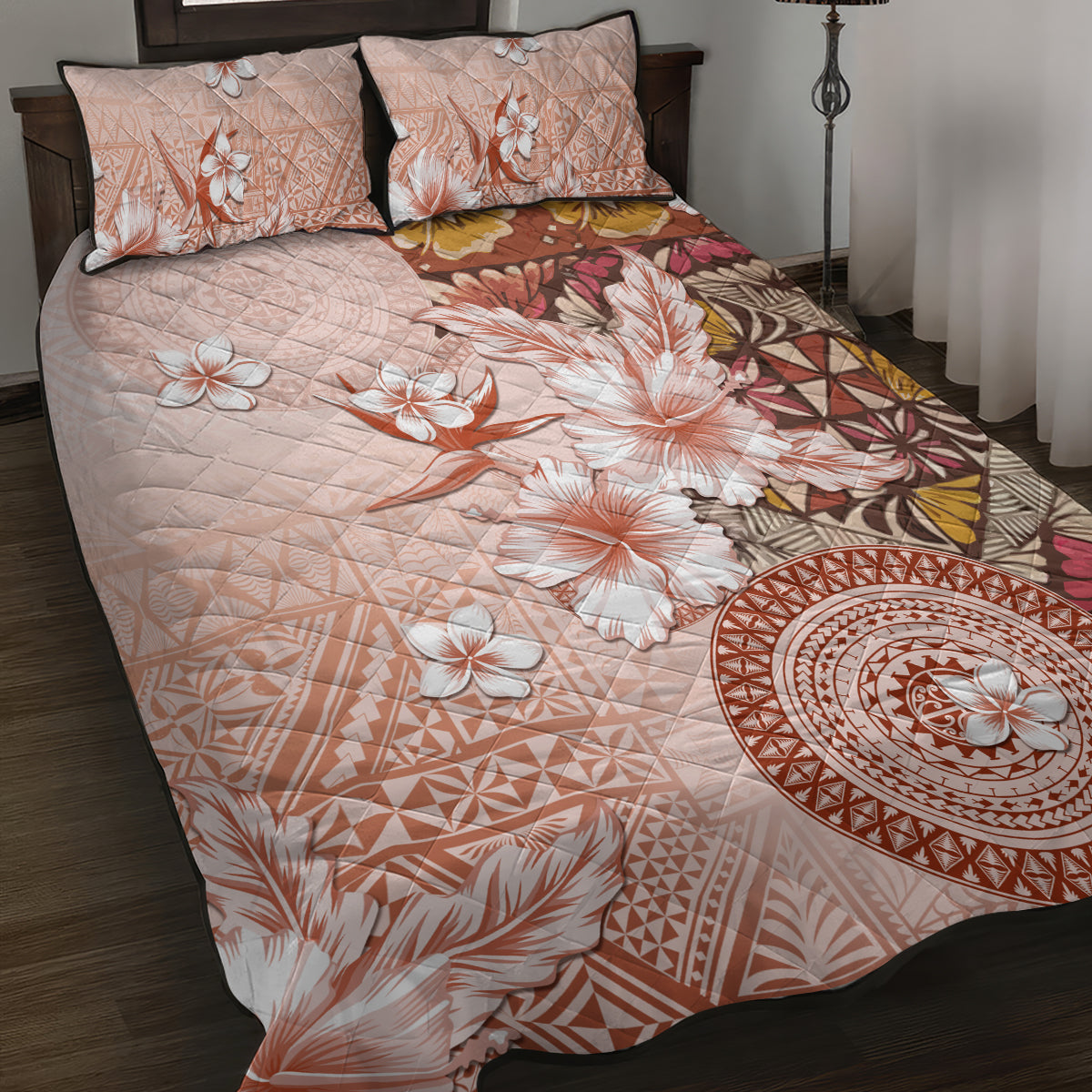 Tonga Ngatu Pattern With Light Tabasco Hibiscus Quilt Bed Set Oil Painting Style