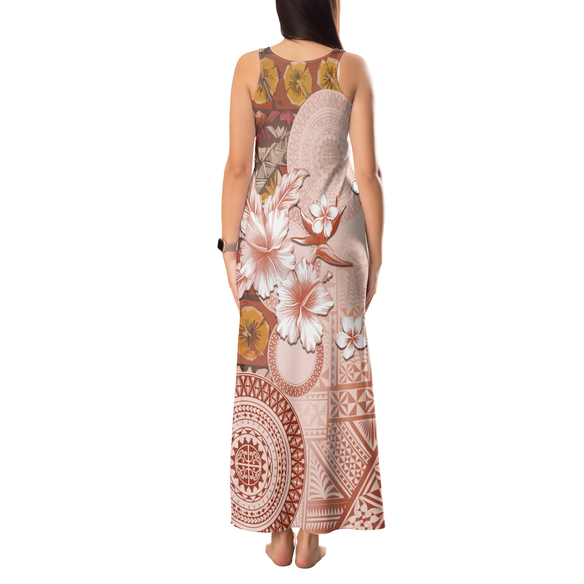 Tonga Ngatu Pattern With Light Tabasco Hibiscus Tank Maxi Dress Oil Painting Style LT05 - Polynesian Pride