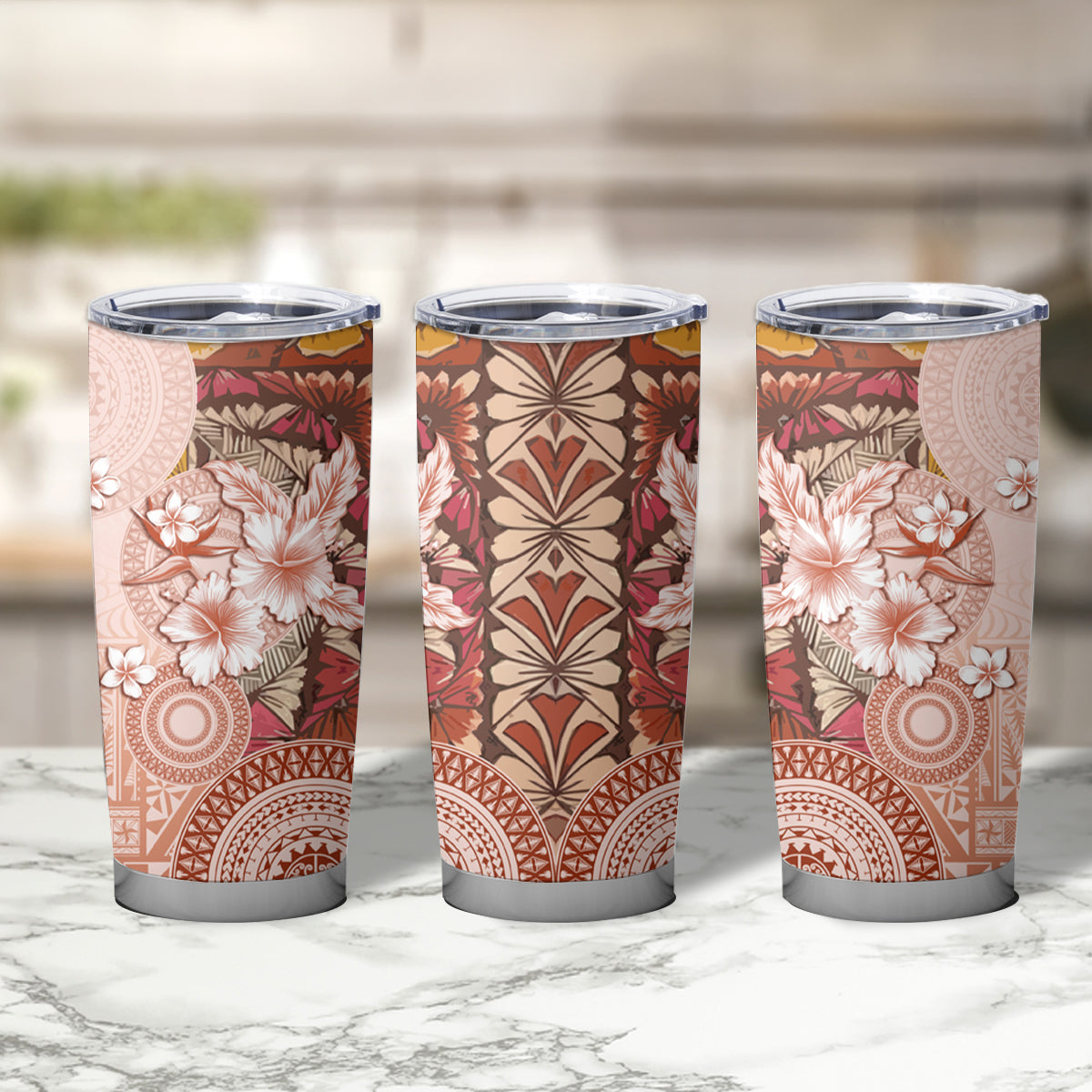 Tonga Ngatu Pattern With Light Tabasco Hibiscus Tumbler Cup Oil Painting Style