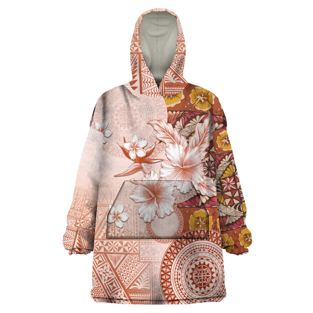 Tonga Ngatu Pattern With Light Tabasco Hibiscus Wearable Blanket Hoodie Oil Painting Style LT05 One Size Light Tabasco - Polynesian Pride