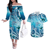 Polynesia World Ocean Day Couples Matching Off The Shoulder Long Sleeve Dress and Hawaiian Shirt Ocean Style