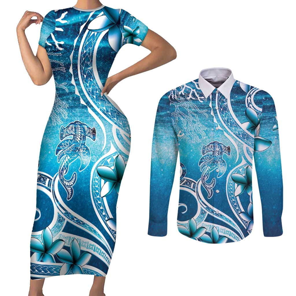 Polynesia World Ocean Day Couples Matching Short Sleeve Bodycon Dress and Long Sleeve Button Shirt Ocean Style
