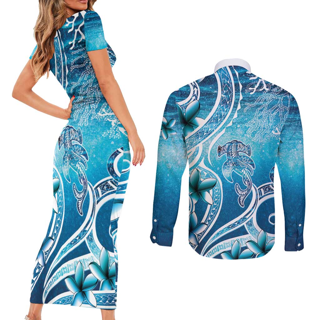 Polynesia World Ocean Day Couples Matching Short Sleeve Bodycon Dress and Long Sleeve Button Shirt Ocean Style