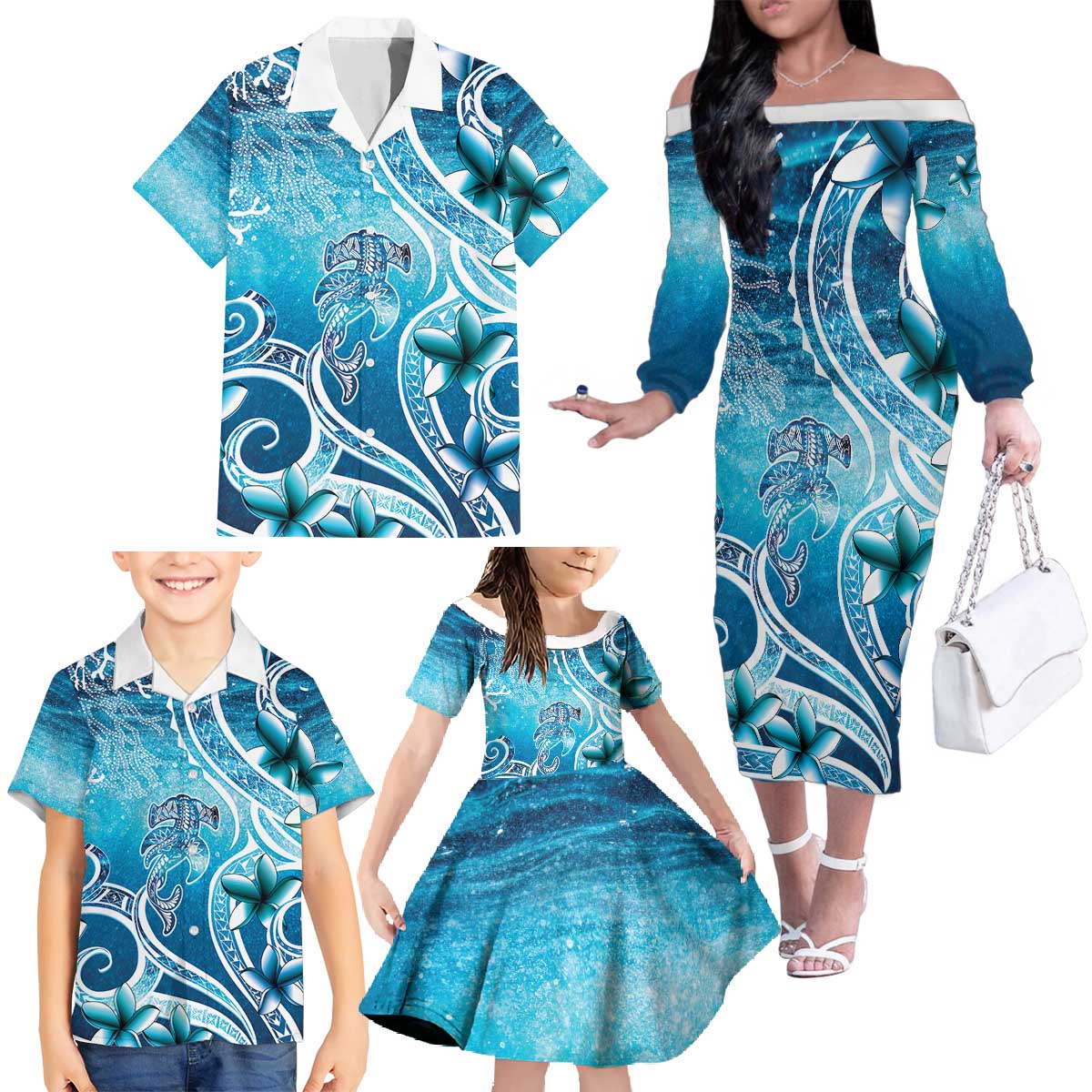 Polynesia World Ocean Day Family Matching Off The Shoulder Long Sleeve Dress and Hawaiian Shirt Ocean Style