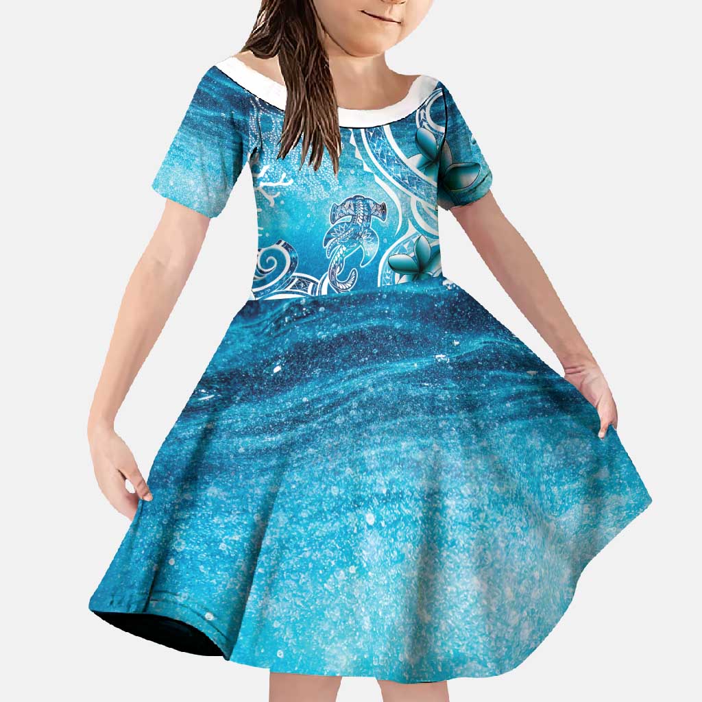 Polynesia World Ocean Day Family Matching Short Sleeve Bodycon Dress and Hawaiian Shirt Ocean Style LT05 Daughter's Dress Blue - Polynesian Pride
