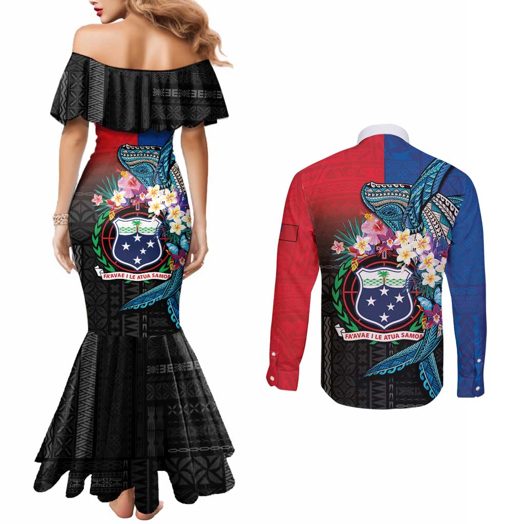 Samoa Couples Matching Mermaid Dress and Long Sleeve Button Shirt Humpback Whale Siapo Pattern