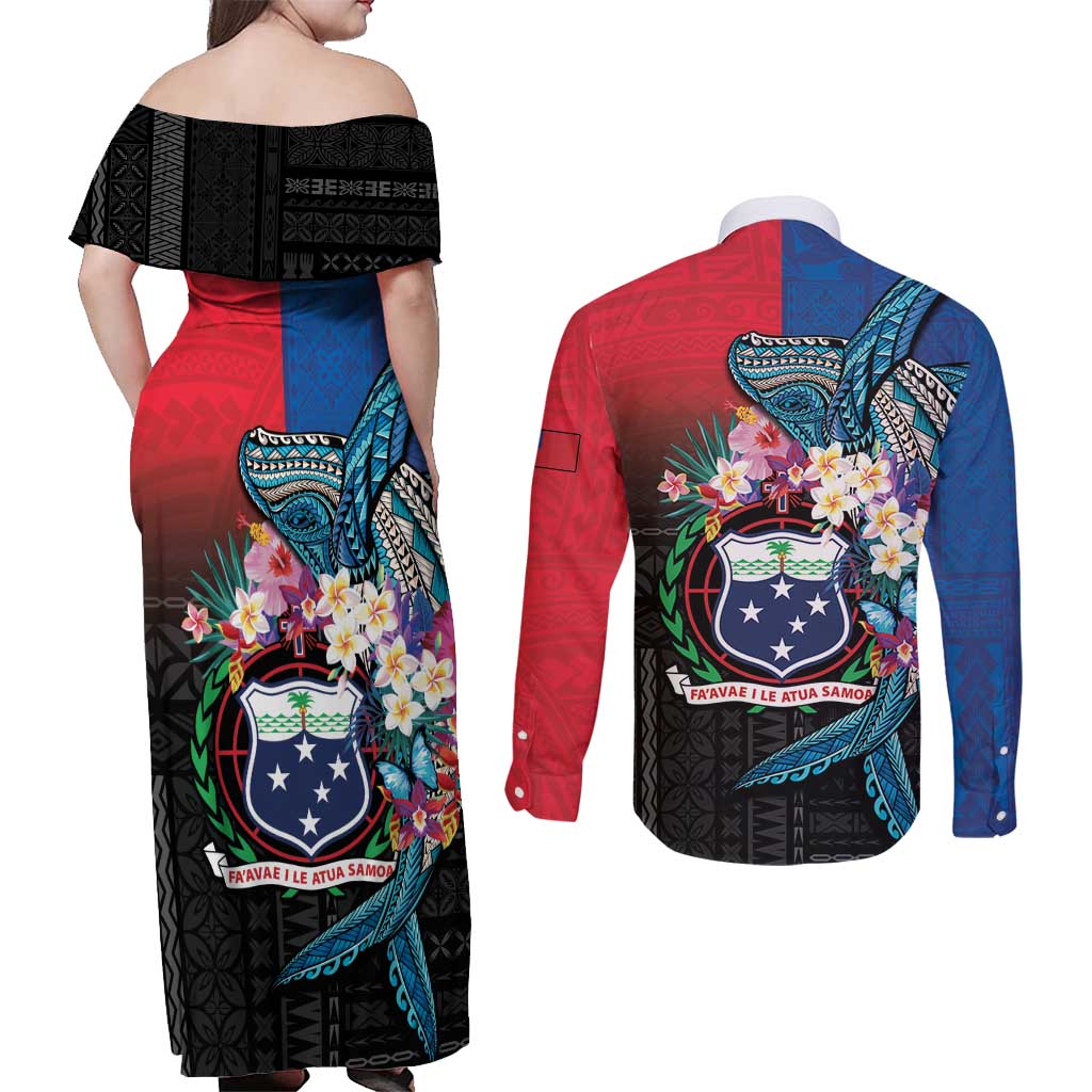 Samoa Couples Matching Off Shoulder Maxi Dress and Long Sleeve Button Shirt Humpback Whale Siapo Pattern