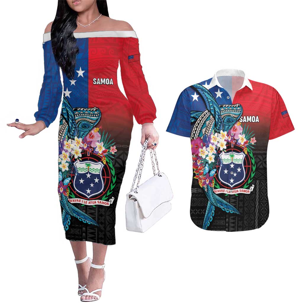 Samoa Couples Matching Off The Shoulder Long Sleeve Dress and Hawaiian Shirt Humpback Whale Siapo Pattern