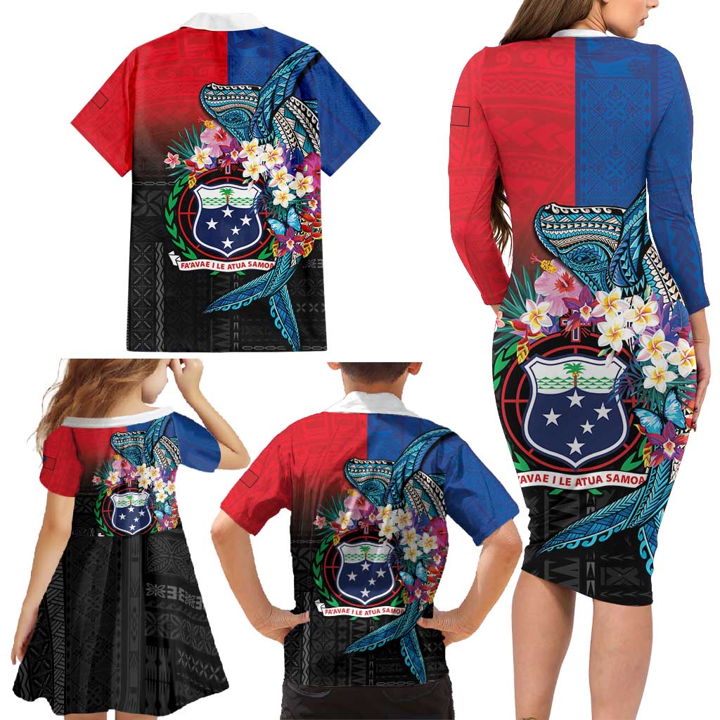 Samoa Family Matching Long Sleeve Bodycon Dress and Hawaiian Shirt Humpback Whale Siapo Pattern